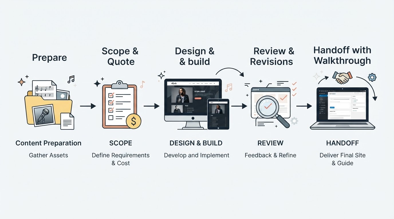 Workflow diagram for website design for musicians.