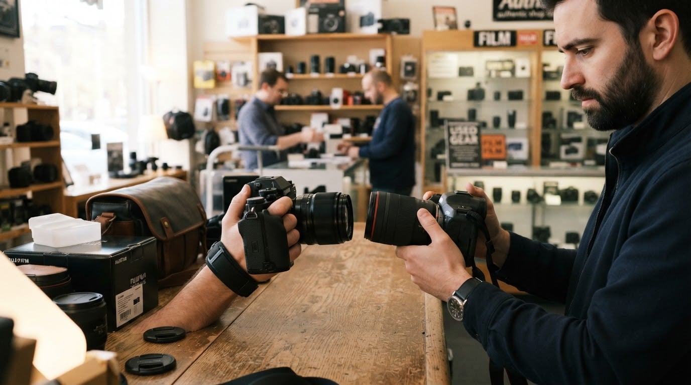 Editorial illustration for camera buying guide.