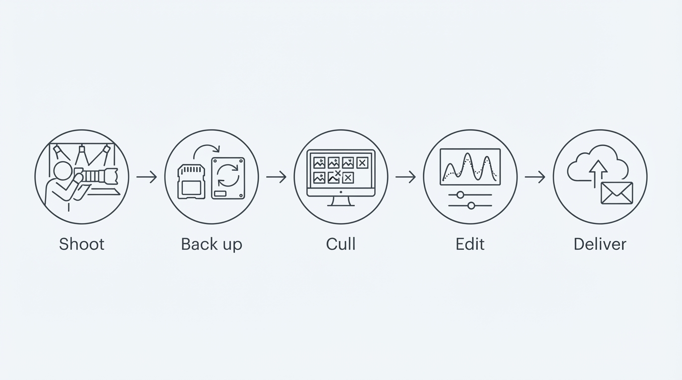 Workflow diagram for concert photography tips.